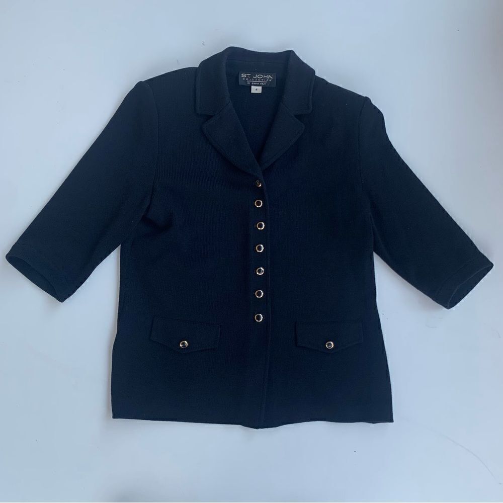 St John Marie Gray Womens 4 Jacket Black Gold Buttons Black Santana Knit Pockets